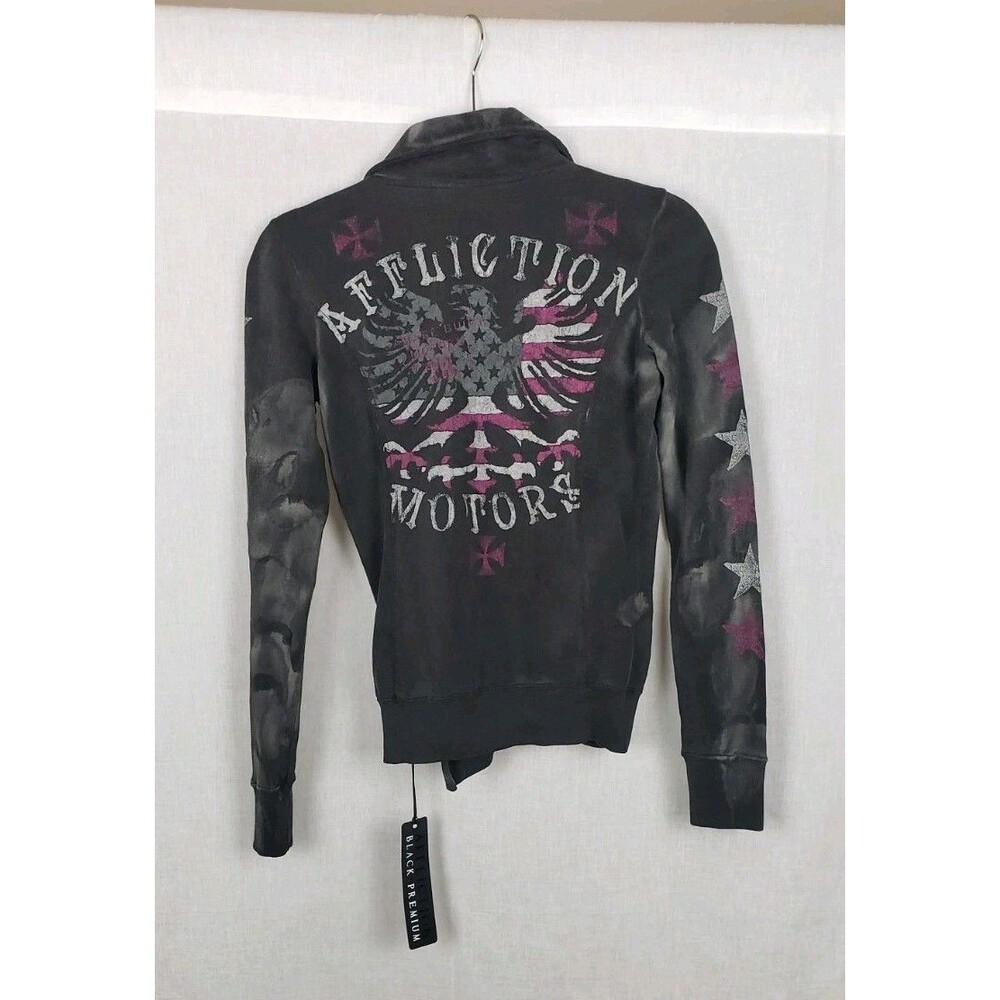 Affliction Motors Black Premium Sweater Knit Moto Jacket‎ XS Wash Out Gray Eagle